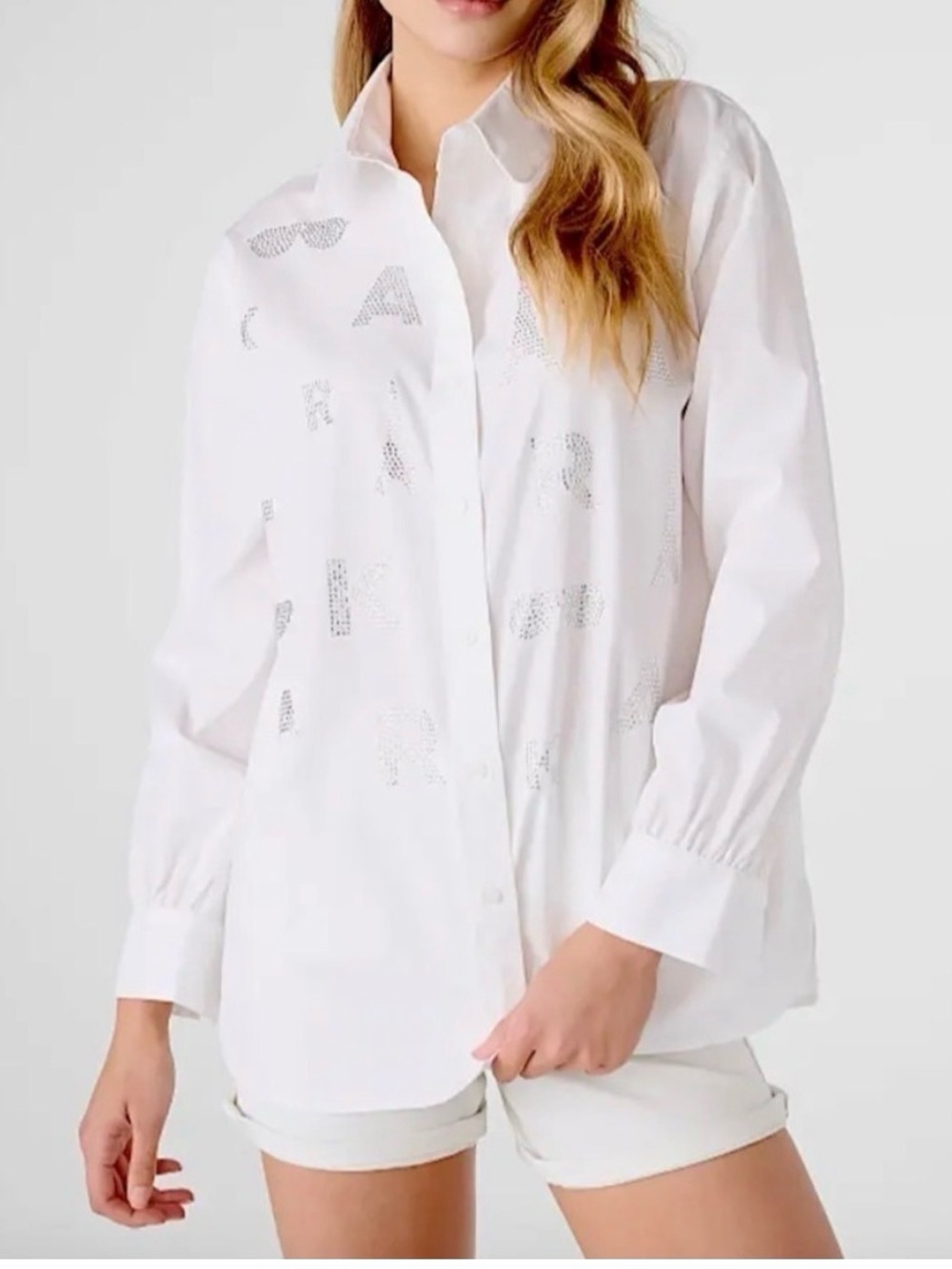 KARL LAGERFELD PARIS SOFT WHITE SPARKLE KLP WOMENS LOGO SHIRT SIZE MEDIUM